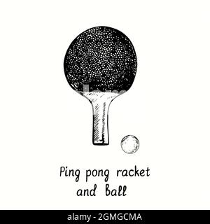 Racket e palla da ping pong. Disegno in bianco e nero in legno. Foto Stock