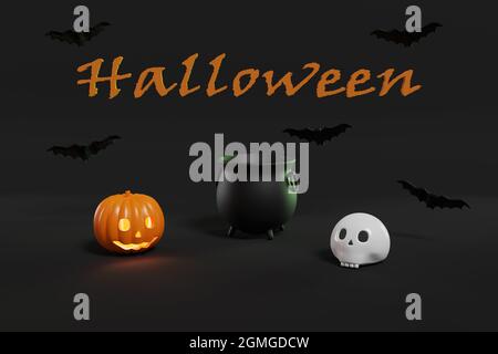 Halloween ancora vita. Calderone, zucca, cranio e pipistrelli su sfondo scuro. illustrazione 3d. Foto Stock