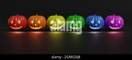 Halloween ancora vita. Bandiera LGBT con zucche su sfondo scuro. illustrazione 3d. Foto Stock