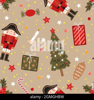 Modello senza cuciture di Natale. Nutcracker, albero di natale, regali, caramelle, candele, cono di conifera su sfondo beige Illustrazione Vettoriale