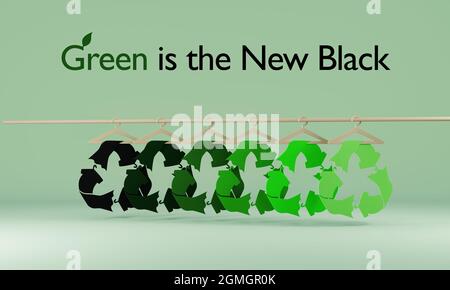 Il verde è il nuovo testo nero, icone dei vestiti riciclati su appendiabiti, moda sostenibile per ridurre il concetto di rifiuti. Illustrazione 3D Foto Stock