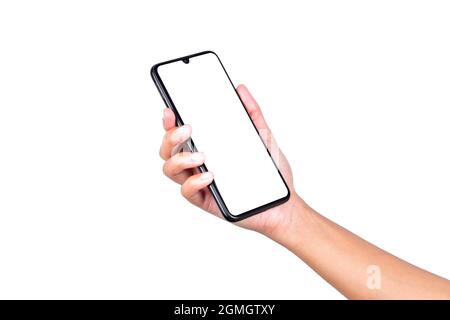 cornice femmina senza smartphone su sfondo bianco, schermo vuoto per smartphone per messaggi e pubblicità Foto Stock