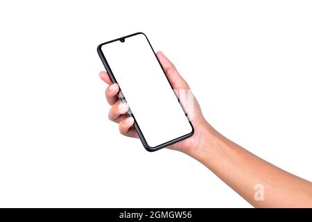 smartphone con cornice moderna senza cornice e schermo vuoto isolato su sfondo bianco, schermo mobile vuoto per messaggi o pubblicità Foto Stock