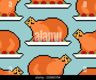 Tacchino arrosto pixel art pattern senza giunture. Pixelated Roast sfondo. struttura vettoriale a 8 bit Illustrazione Vettoriale