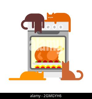 Gatti e tacchino in forno da cucina. Preparazione della cena del Ringraziamento in famiglia. Cibo tradizionale festivo Illustrazione Vettoriale