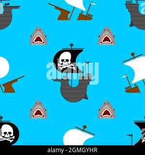 Nave pirata e squalo modello senza cuciture. Sfondo Illustrazione Vettoriale