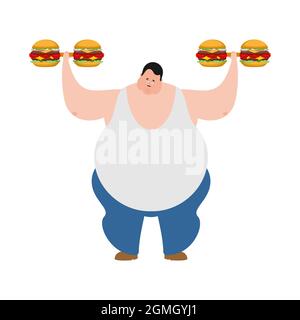 Uomo grasso e manubri hamburger. Illustrazione vettoriale Illustrazione Vettoriale