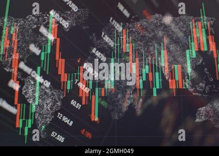 indici azionari nello spazio virtuale. Crescita economica, recessione. Piattaforma virtuale elettronica che mostra le tendenze e le fluttuazioni del mercato azionario Foto Stock