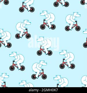 Orso polare sul modello di bicicletta senza cuciture. La bestia sta guidando lo sfondo della bicicletta. Cartoon per bambini texture. Ornamento del tessuto del bambino Illustrazione Vettoriale