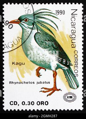 NICARAGUA - CIRCA 1990: Un francobollo stampato in Nicaragua mostra Kagu o Cagou, Rhynochetos jubatus, uccello endemico della Nuova Caledonia, circa 1990 Foto Stock