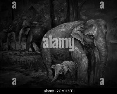 Pittura d'arte olio colore Elephant famiglia thailandia , Thailandia campagna Foto Stock