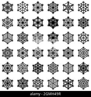 Un grande set di 36 elementi basati sull'artigianato giapponese Kumiko.Snowflakes. Illustrazione Vettoriale