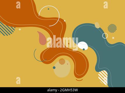 Astratto moderno modello blu e arancione forme organiche dinamiche elementi composizioni di macchie colorate e linee su sfondo giallo. Illustrazione vettoriale Illustrazione Vettoriale