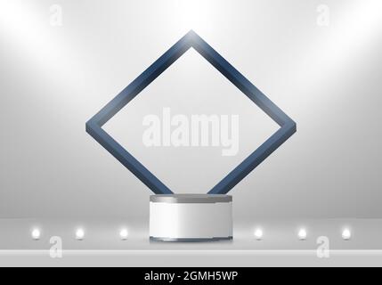 Piedistallo da podio 3D a strati bianco e grigio con cornice quadrata blu e decorazioni con luce al neon LED minimal scene. È possibile utilizzare per il prodotto Illustrazione Vettoriale