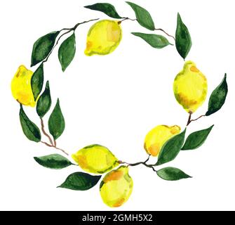 Cornice acquerello di limoni isolato su sfondo bianco.Stock illustrazione per inviti e stampa. Foto Stock