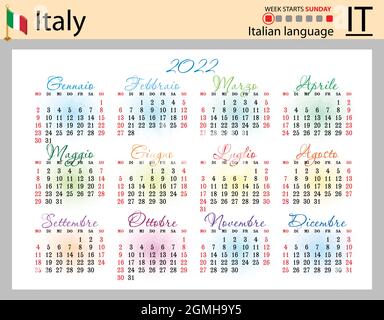 Calendario tascabile orizzontale italiano per il 2022 (duemilventidue). La settimana inizia domenica. Anno nuovo. Design semplice a colori. Vettore Illustrazione Vettoriale