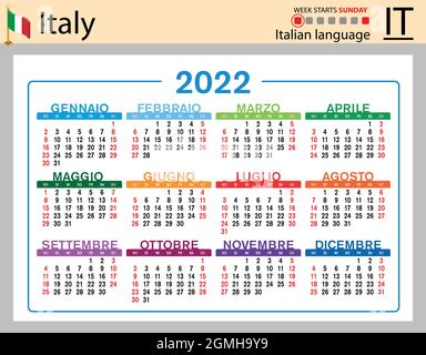 Calendario tascabile orizzontale italiano per il 2022 (duemilventidue). La settimana inizia domenica. Anno nuovo. Design semplice a colori. Vettore Illustrazione Vettoriale