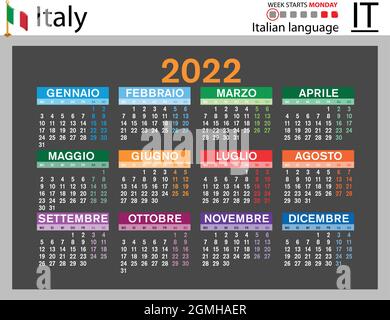 Calendario tascabile orizzontale italiano per il 2022 (duemilventidue). La settimana inizia lunedì. Anno nuovo. Design semplice a colori. Vettore Illustrazione Vettoriale