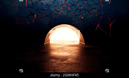Astratto sfondo blu scuro. Porta magica nel muro. Una luce brillante che brilla dall'apertura. illustrazione 3d. Foto Stock