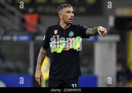 Aleksandar Kolarov del FC Internazionale reagisce durante la Serie Una partita di calcio tra il FC Internazionale e il Bologna FC allo stadio San Siro di Milano (Italia), 18 settembre 2021. Foto Andrea Staccioli / Insidefoto Foto Stock