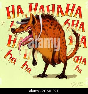 Cartone animato, divertente opera d'arte umoristica di un'iena antropomorfa ridente che indossa un cappello Homberg e un bow-tie. Sarebbe adatto a biglietti d'auguri, poster, libri Foto Stock