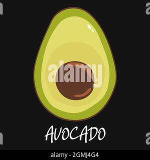 Frutta matura di avocado verde succosa in stile piatto su sfondo nero. Icona vettore avocado. Vettore cartoon. Grafica vettoriale. Concetto di cibo di frutta. Illustrazione Vettoriale