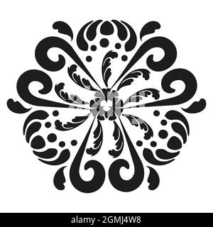 Motivo rotondo bianco e nero in stile orientale con elementi floreali. Ornamento circolare Mandala. Per scopi decorativi. Illustrazione Vettoriale