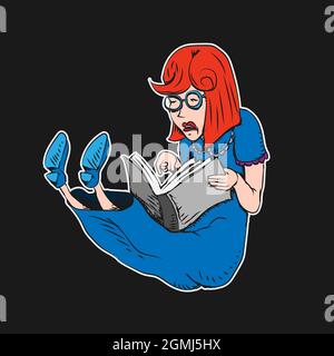 una donna legge un fumetto di libro disegnando su un'immagine vettoriale di sfondo nero isolato Illustrazione Vettoriale