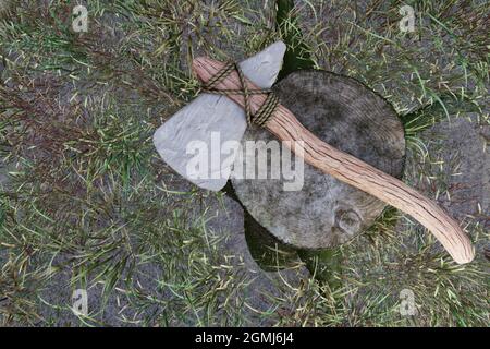 Hatchet fai da te / concetto di sopravvivenza dell'ascia. Illustrazione 3D Foto Stock