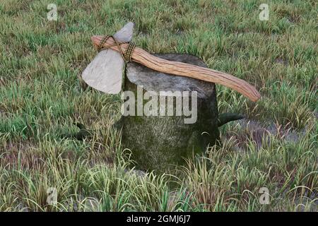 Hatchet fai da te / concetto di sopravvivenza dell'ascia. Illustrazione 3D Foto Stock