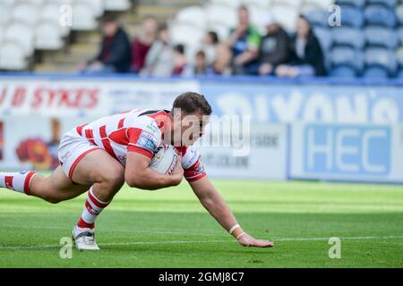 Huddersfield, Regno Unito. 19 Settembre 2021. Jai Whitbread of Leigh Centurions fa una prova durante la Rugby League Betfred Super League Huddersfield Giants vs Leigh Centurions al John Smith's Stadium, Huddersfield, UK Credit: Dean Williams/Alamy Live News Foto Stock