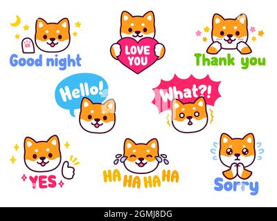 Carino set di adesivi per cani Shiba Inu. Chattate emoji con messaggi di testo: Ciao, Spiacenti, grazie, Love You, ecc Kawaii mascotte illustrazione vettoriale. Illustrazione Vettoriale