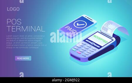 Terminale POS per pagamento mobile isometrico - senza carta nfc concetto di pagamento wi-fi, pagina di destinazione illustrazione vettoriale Illustrazione Vettoriale