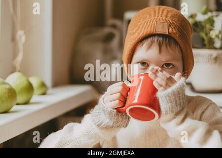 un ragazzo in un maglione e un cappello marrone beve il cacao da una tazza rossa. Una foto accogliente con una tazza in mano. Foto Stock