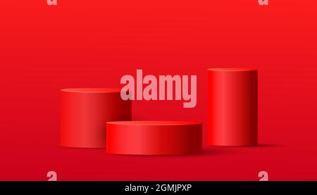 Ripiano rosso per podio o piedistallo vuoto su sfondo natalizio con stile minimal. Scena minima con forme geometriche per la presentazione del prodotto. Illustrazione Vettoriale