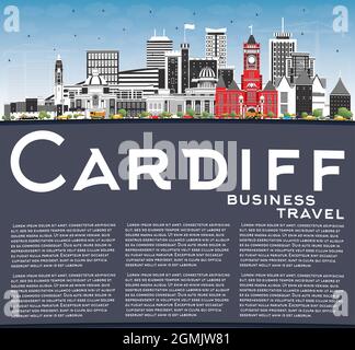 Cardiff Wales City Skyline con edifici a colori, Blue Sky e Copy Space. Illustrazione vettoriale. Cardiff Regno Unito paesaggio urbano con punti di riferimento. Viaggi d'affari. Illustrazione Vettoriale