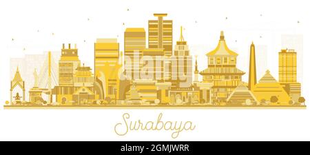 Surabaya Indonesia City Skyline con edifici dorati isolati su bianco. Illustrazione vettoriale. Concetto di viaggio d'affari e di turismo. Illustrazione Vettoriale