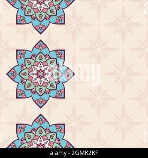 Motivo senza giunture con mandala. Confini in merletto Mehndi. Texture infinita. Spazio per il testo. Sfondo a colori vettoriali. Illustrazione Vettoriale