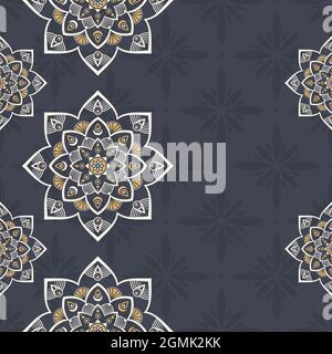 Motivo senza giunture con mandala. Confini in merletto Mehndi. Texture infinita. Spazio per il testo. Sfondo a colori vettoriali. Illustrazione Vettoriale