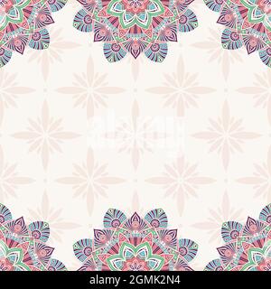 Motivo senza giunture con mandala. Confini in merletto Mehndi. Texture infinita. Spazio per il testo. Sfondo a colori vettoriali. Illustrazione Vettoriale