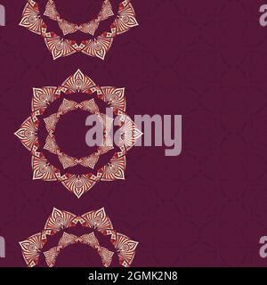 Contorno senza cuciture con mandala rossa e beige. Bordi del merletto di Mehndi. Texture infinita. Spazio per il testo. Sfondo vettoriale a colori. Illustrazione Vettoriale