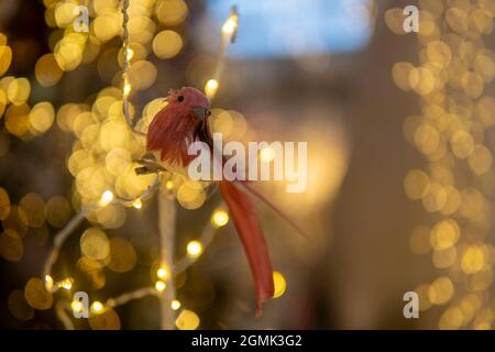 uccello giocattolo seduto su un albero con luci. Installazione di Natale. Alta qualità Foto Stock