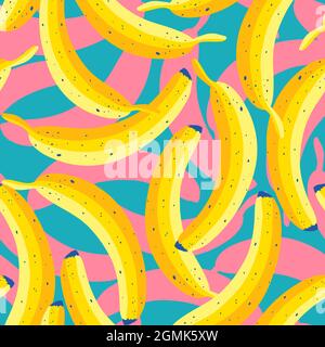 Motivo vintage vettoriale senza cuciture con banane gialle in stile pop art. Modello vettoriale a banana con ombre rosa. Modello tropicale con banane. Illustrazione Vettoriale