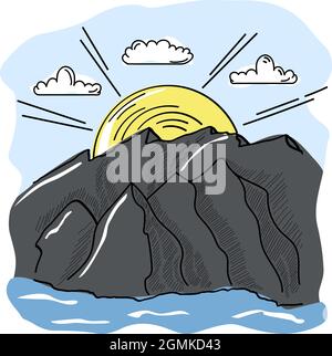 Paesaggio di montagna disegnato a mano con sole e nuvole. Illustrazione vettoriale della natura Illustrazione Vettoriale
