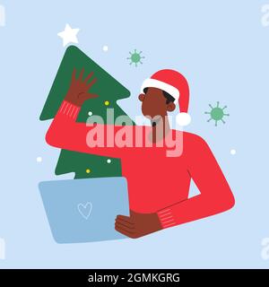 Videochiamata di Natale, giovane uomo che usa il laptop per la videoconferenza, festeggia l'anno nuovo, chiacchierata a distanza con la famiglia, illustrazione vettoriale del cartone animato Illustrazione Vettoriale