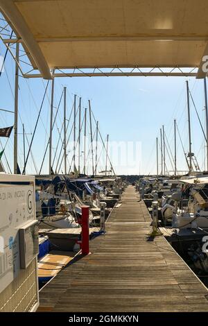 Una vista lungo una passerella galleggiante in legno al porto di San Vincenzo con yacht privati ormeggiati su entrambi i lati, Livorno, Toscana, Italia Foto Stock