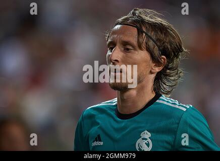 Valencia. 20 Settembre 2021. Il Real Madrid Luka Modric reagisce durante una partita di calcio spagnola di prima divisione tra Valencia CF e Real Madrid a Valencia, in Spagna, il 19 settembre 2021. Credit: Xinhua/Alamy Live News Foto Stock