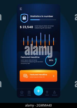 Blu scuro interfaccia utente mobile layout di dati statistiche grafico analisi vettore pulsante lucido moderno Illustrazione Vettoriale
