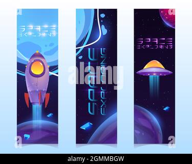 Spazio esplorando cartoni animati banner verticali, alieno ufo piattino, astronauta razzo o navetta, pianeti e asteroidi nello spazio esterno. Segnalibri per bambini con fantasy galassia cosmica e Universe Objects Vector Set Illustrazione Vettoriale