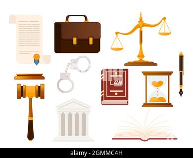 Set of law justice icone libro di legge martello scale e altri illustrazione vettoriale su sfondo bianco. Illustrazione Vettoriale